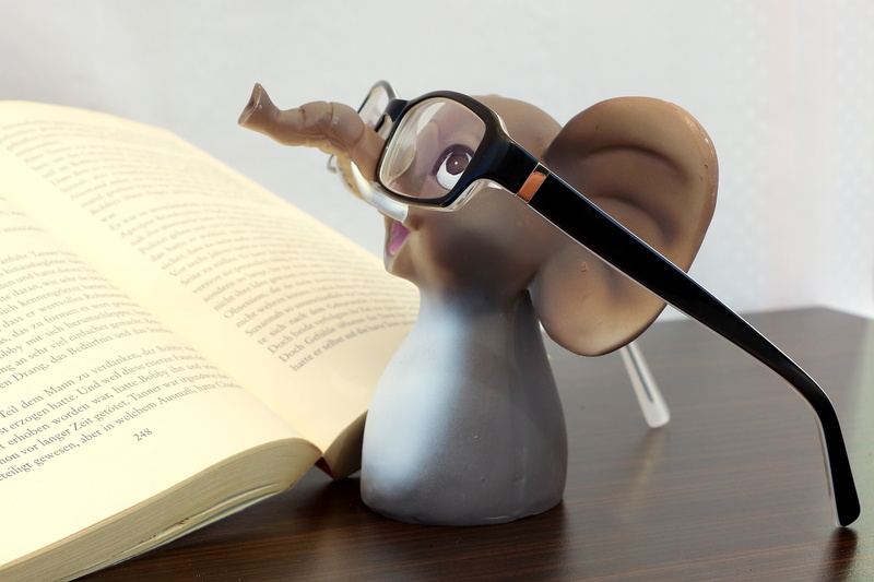 table, brown, lenses, elephant, page, eyeglasses, sehhilfe, book, close-up, indoors, focus on foreground, read, open, learning, music, law, publication