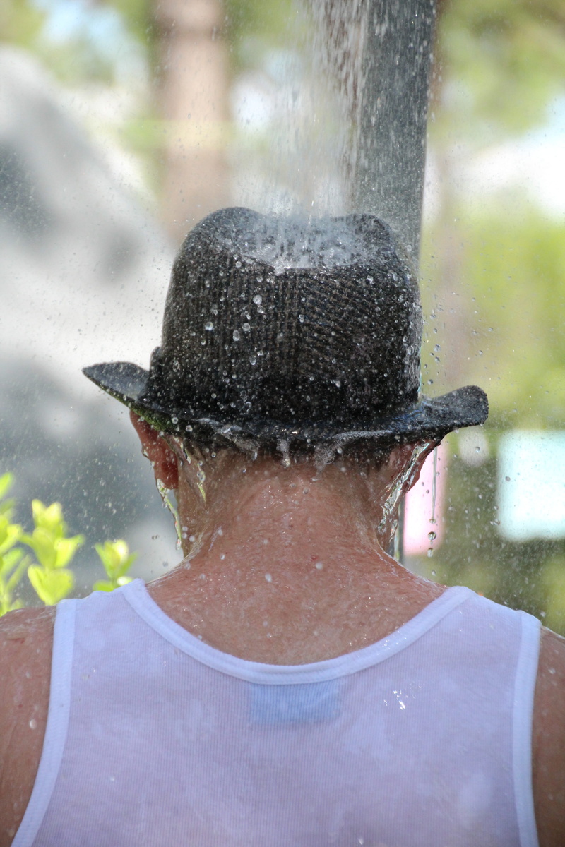 males, leisure activity, flowing, men, hat, water, motion, rain, rainy, fresh, eyewear, inject, portrait, spraying, shower, refreshment, liquid, outdoors