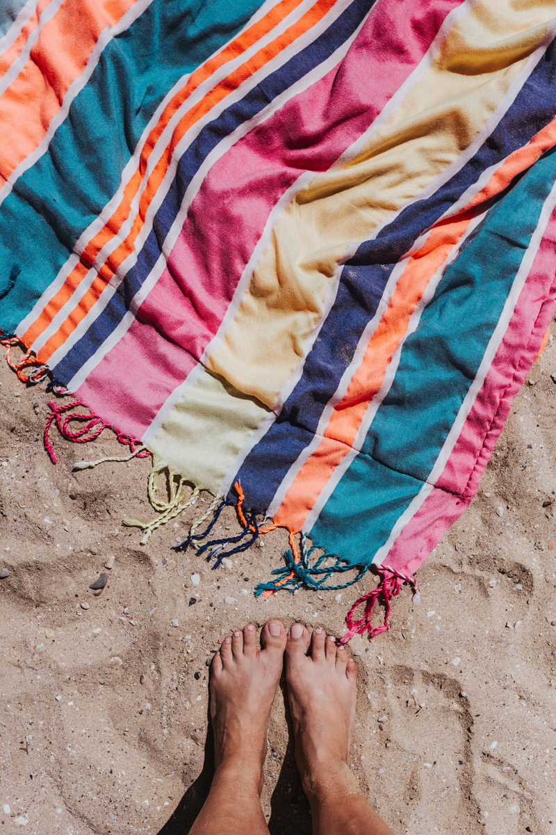 sunny, human limb, summer, human foot, nail, sea, adult, vacation, high angle view, barefoot, 4K, beach towel, land, body part, day, low section, personal perspective