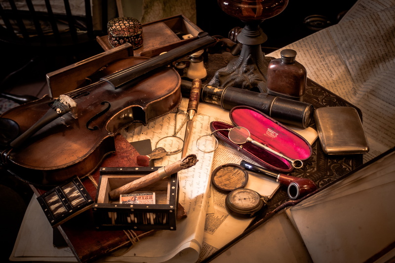 table, cigar, still life, music, musical instrument, sherlock holmes, antique, old-fashioned, art and craft, detective, indoors, high angle view, publication