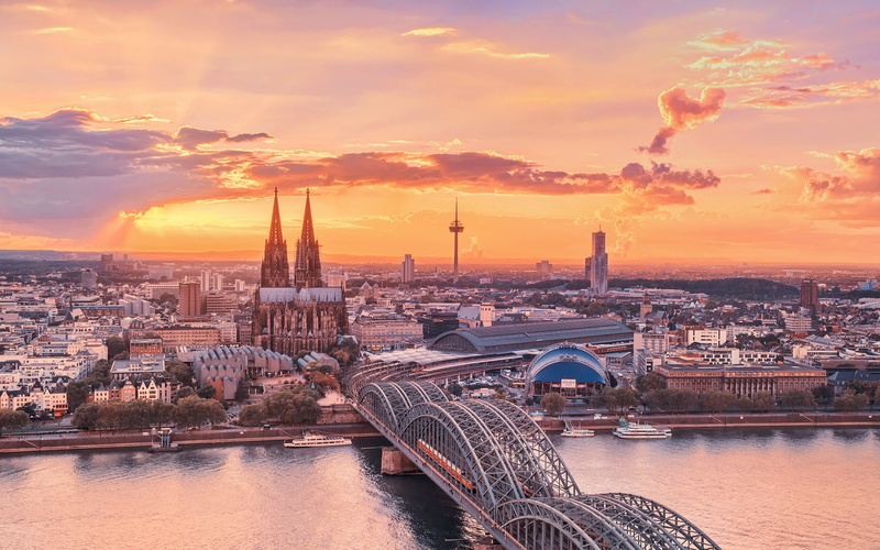 sky, 1080P, city, background, cologne, sunset, river Rhine