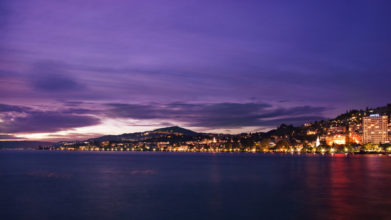 sea, 4K, night, coastline, pentax  K-r, white, dusk, white skies, water, sunset, switzerland, skies, harbor, Lake  Geneva, City, purple, Pentax Kr, Montreux