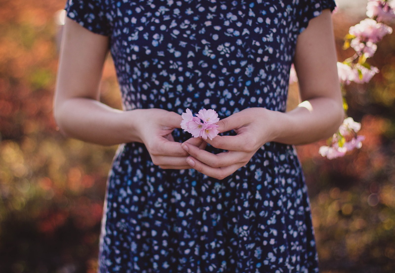 holding, macro, nature, girl, teenager, pink, polka dot, one person, flowering plant, floral pattern, adult, midsection, hands, blue, hand, flower, female