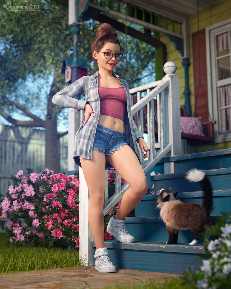 brunette, animals, 1080P, bare midriff, women, render, women outdoors, legs, flowers, CGI, 2021 (Year), mammals, plants, standing, belly, outdoors, digital art