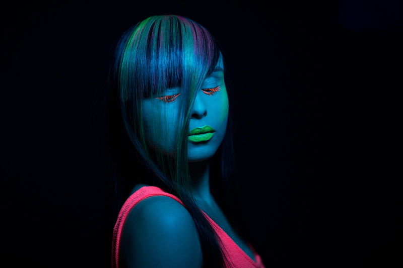 color, fluorescent, beautiful woman, 8K, human face, trends, hairstyle, dyed hair, woman, photo, projection, hair, paint, school, illuminated, hair salons