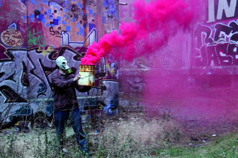 mask, art and craft, wearing, 5K, messy, pink, smoke - physical structure, day, casual clothing, men, occupation, pink color, fluorescent, obscured face
