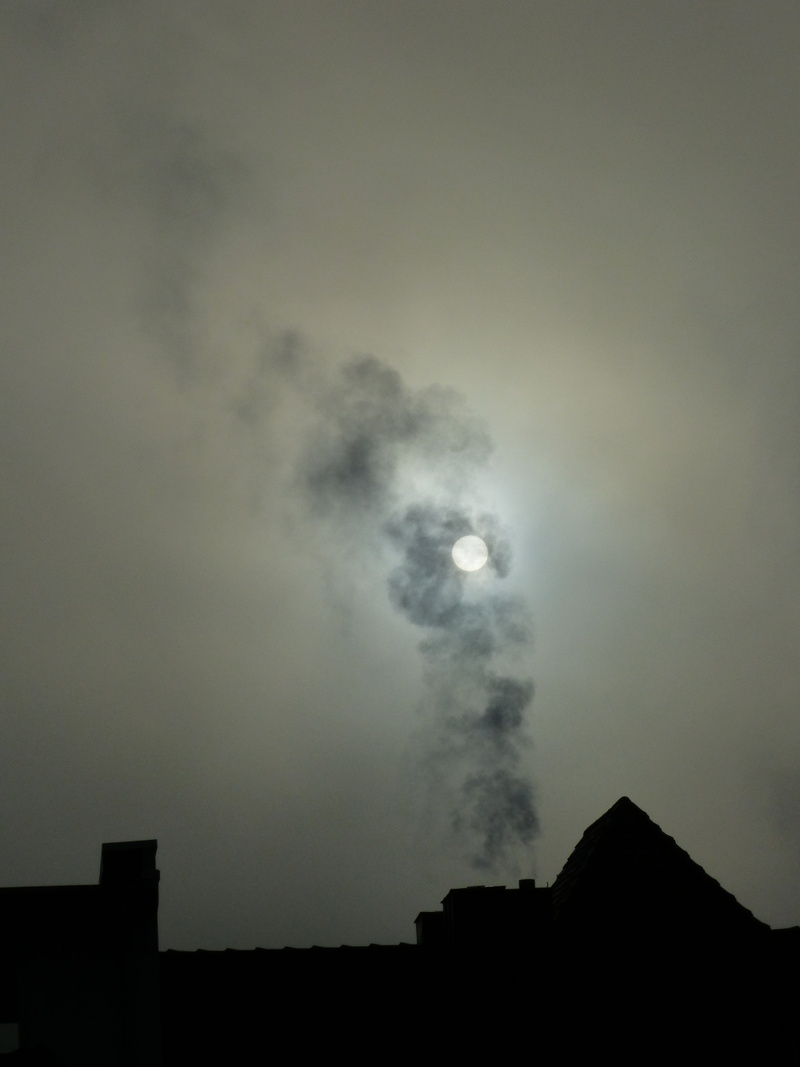outdoors, fireplace, building exterior, smoke, beauty in nature, colourless, darkness, nature, sun, 4K, covering, architecture, low angle view, gloomy