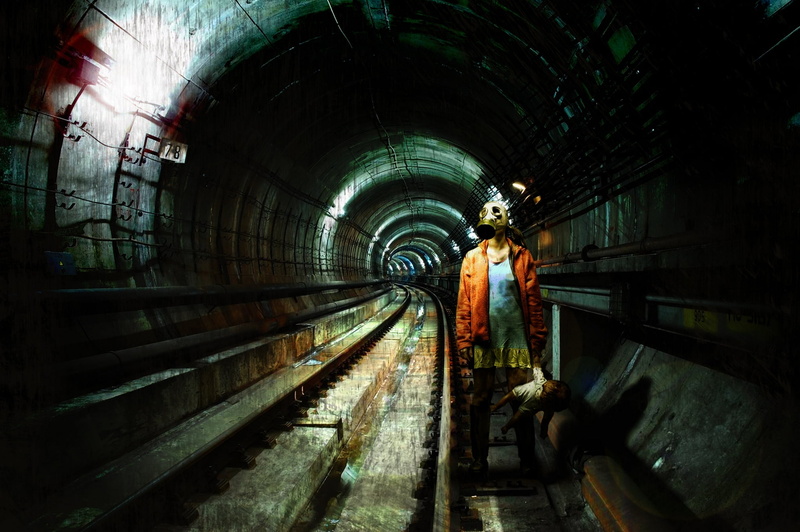full length, inside Of, corridor, spooky, toy, people, rear view, child, tunnel, horror, industry, dirty, old, subway Station, direction, real people, gas mask