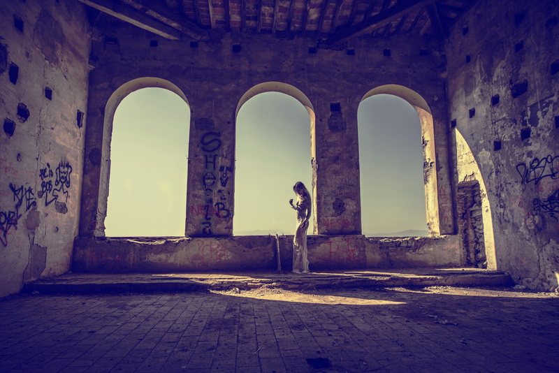 horror, female, old, building, lady, standing, gray, spooky, 5K, real people, near, ancient, adult, architecture, tunnel, dark, the past, corridor, history