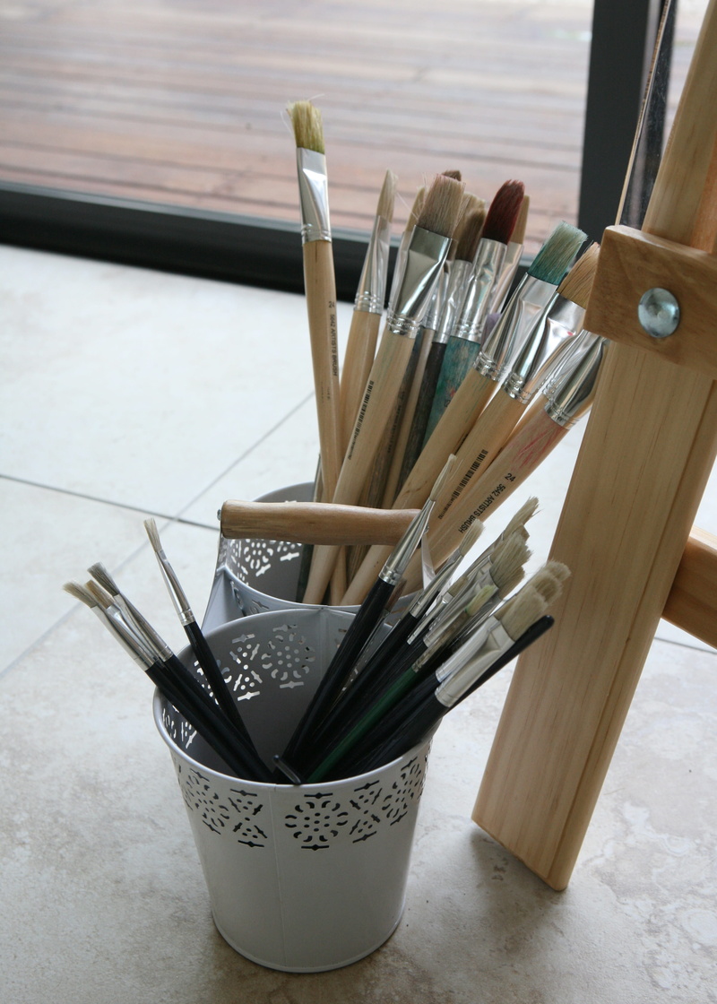 brushes, art and craft, still life, design, choice, desk organizer, container, table, text, high angle view, 4K, indoors, education, paintbrush, wood - material
