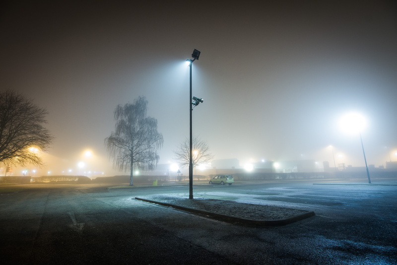 road, tree, winter, empty, night, street light, outdoors, cold temperature, no people, motor vehicle, street, lampost, lighting equipment, trees, plant