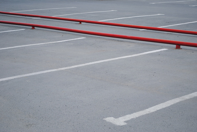 concrete, metal, architecture, area, parking, carpark, minimal, day, red, gray, no people, absence, court, symbol, outdoors, city, sport, transportation