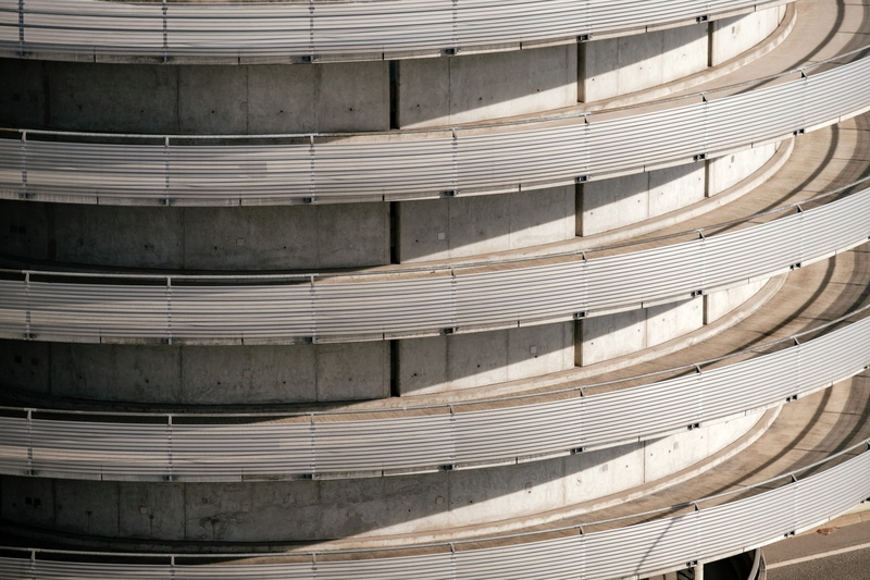 concrete, indoors, parking, parking garage, garage, architecture, city parking, full frame, industry, design, 5K, sunlight, round, curve, geometry, staircase