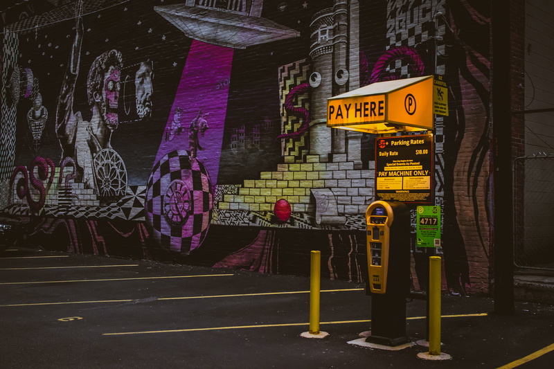 building, street art, city, post, pay here, street, pay, carpark, art and craft, human representation, brown, multi colored, 4K, sign, building exterior