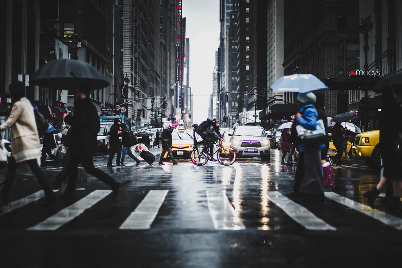 transportation, road, wheel, group of people, urban, rain, person, walking, lane, day, zebra crossing, metropolis, city street, street, crossing, vehicle