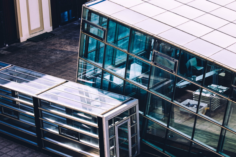 railing, office building exterior, building, office, solar, architecture, glass, sunlight, brick, 4K, staircase, city, no people, beside, train, street