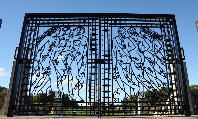 sky, vigeland park, entrance, building, gate, clear sky, norway, oslo, blue, silhouette, outdoors, low angle view, window, wrought iron, sculpture, pattern
