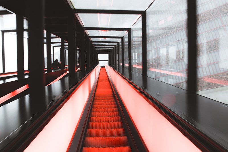 empty, going up, light, built structure, red, windows, motion perspective, futuristic, glass window, ceiling, indoors, architecture, the way forward, 5K