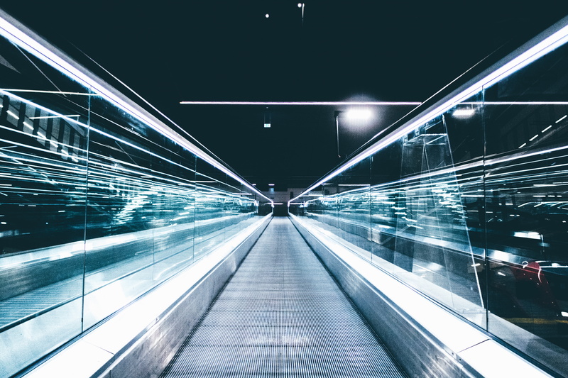 connection, technology, ceiling, lighting equipment, light, time, moving walkway, no people, built structure, poland, railway station, diminishing perspective
