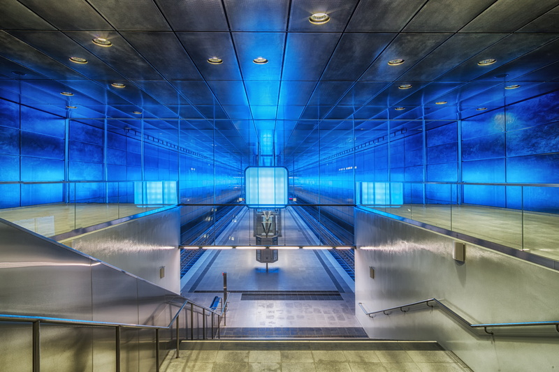 university, illuminated, station, hochbahn, absence, escalator, stair, technology, concrete, line u4, the way forward, u4, indoors, no people, harbour city
