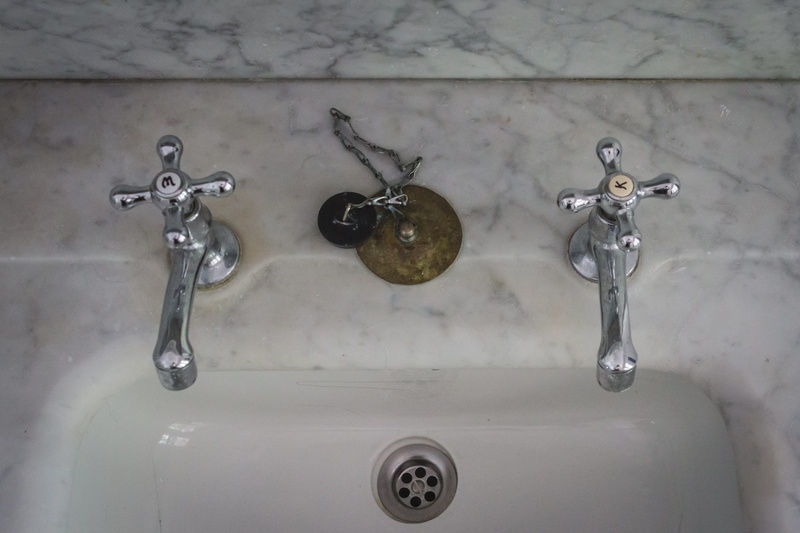 bathroom, bathroom sink, domestic room, faucet, cross handle, white, household equipment, old, domestic bathroom, silver colored, country house style, sink