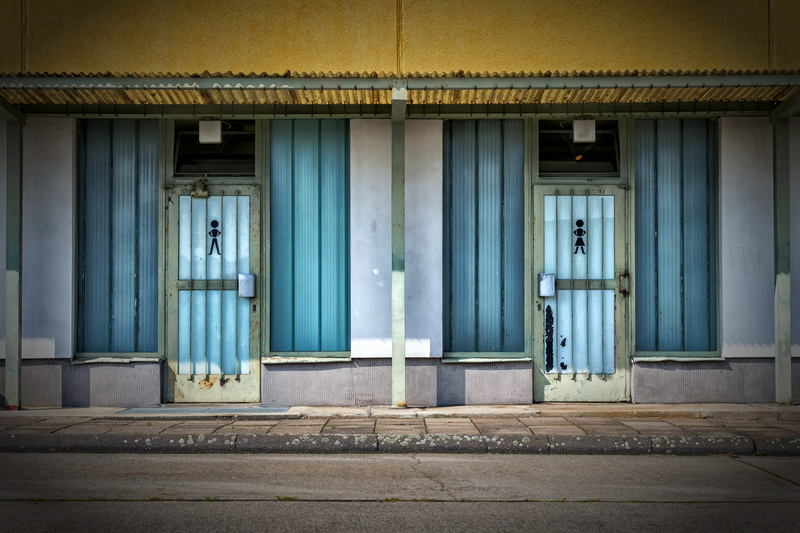 facade, city, turquoise colored, nostalgia, built structure, building, closed, toilet, front, urinal, day, sanitaryblock, outdoors, mens, no people, building exterior