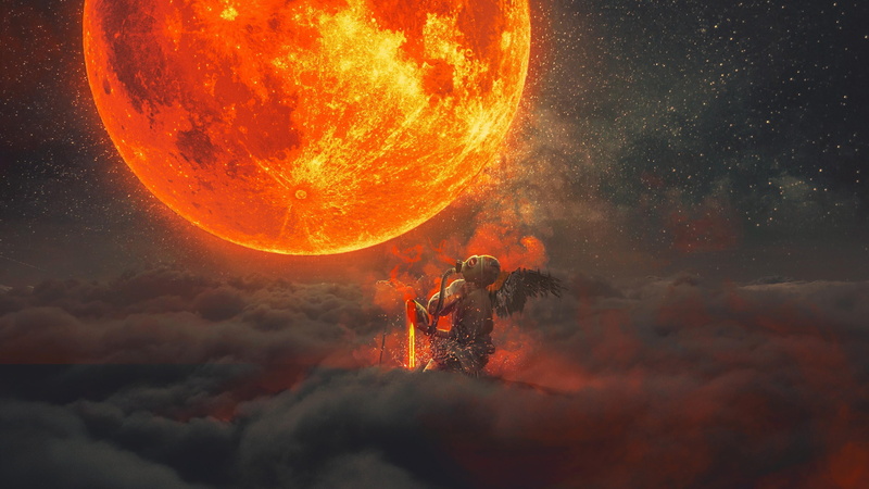 standing, astronomy, orange color, people, outdoors, sky, nature, night, outer space, space, clouds, beauty in nature, adult, men, full length, fantasy art