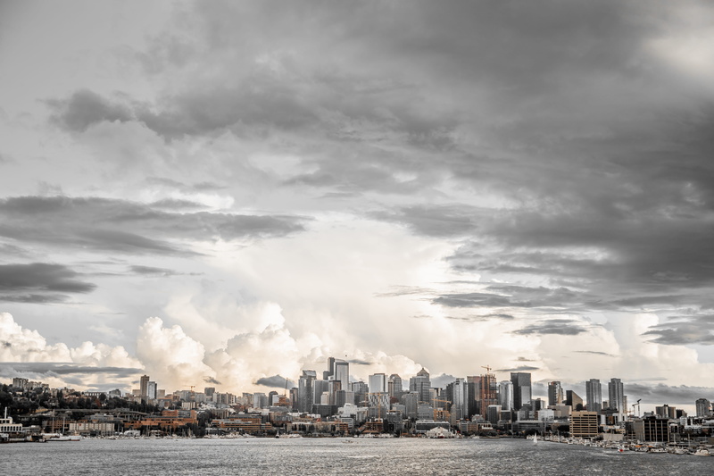 tall - high, urban skyline, weather, building exterior, built structure, seattle, 5K, waterfront, settlement, cloud, office building exterior, financial district