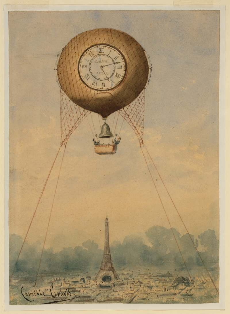 satellite, outdoors, drawing, world exposition, nature, travel, time, balloon, clock, auto post production filter, tourism, hot air balloon, france, painting