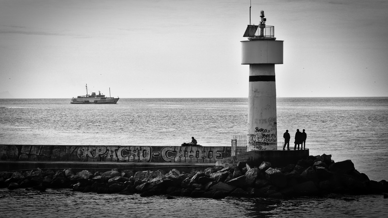 people, seaside, safety, tower, day, transportation, noir, nautical vessel, blackandwhite, 5K, building exterior, horizon, lighthouse, boat, building