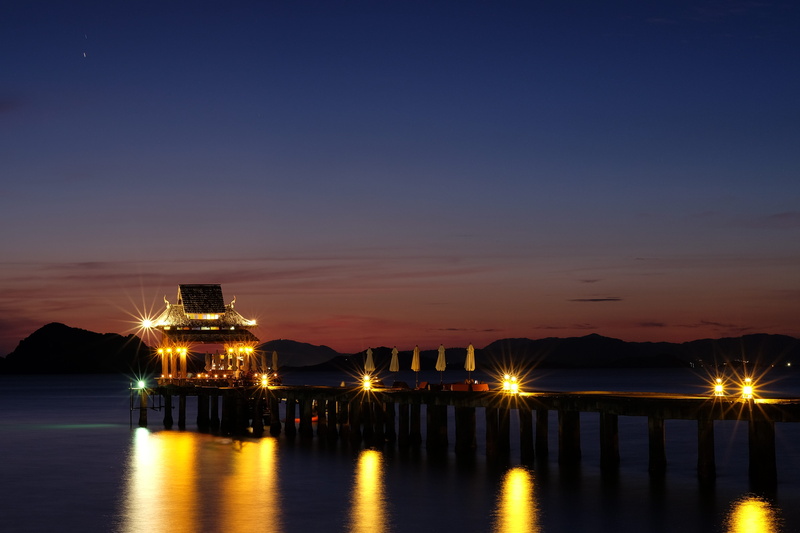 koh yao yai peer, 4K, thailand, architecture, reflection, nature, dusk, outdoors, pier, night, sky, long exposure, scenics - nature, water, built structure