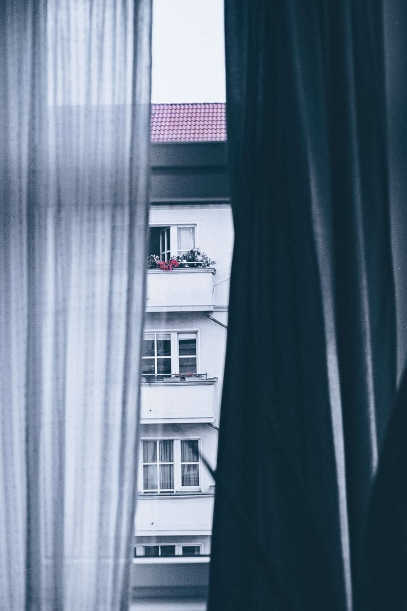 opened, curtain, balcony, scandinavian mood, flower, 2K, building Exterior, window, modern, apartment, architecture, grainy, flat, urban, grain, spy, city Life