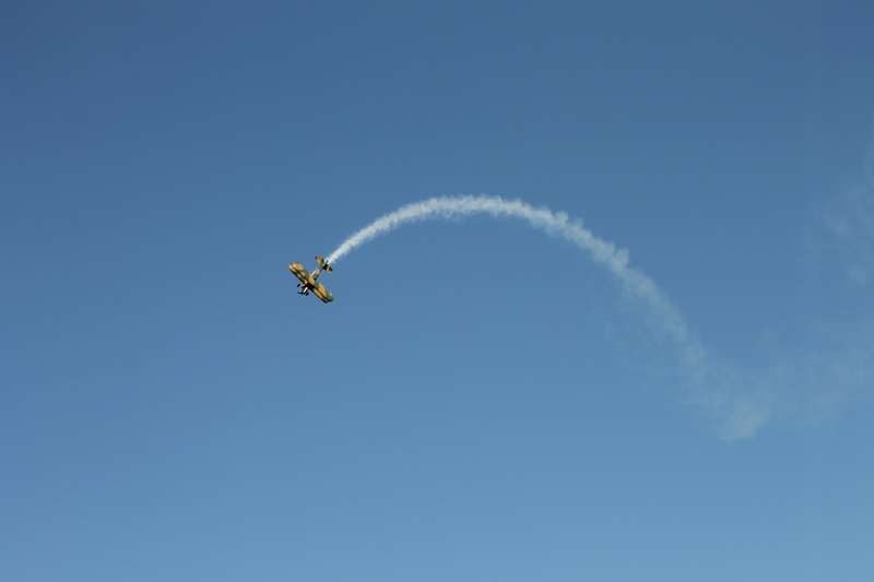 aerobatics, flying, flight, propeller, transportation, flugshow, double decker, aircraft, on the move, low angle view, mode of transportation, sky, airshow