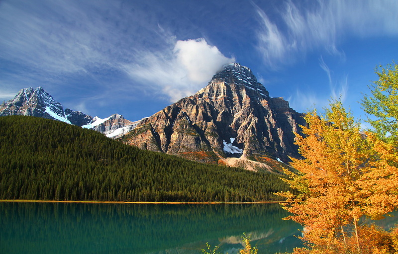 Alberta, Mount Chephren, water, trees, autumn, tranquility, outdoors, tree, environment, snowcapped mountain, mountain range, mountains, landscape, lake