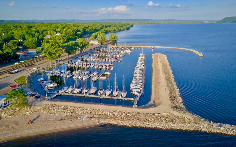 marina, sea, mississippi river, beach, harbor, day, pepin marina, boats, town, mode of transportation, sky, drone view, 4K, wisconsin, high angle view