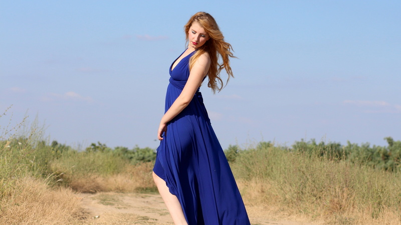 beautiful people, looking, fields, blonde, lifestyles, green, fashion, woman, outdoors, beauty, dress, blue, girl, wind, beautiful woman, brown, adult