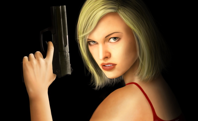 hair, gun, Alice, look, girl, beautiful people, studio shot, one person, black background, indoors, looking at camera, women, headshot, bangs, beautiful woman