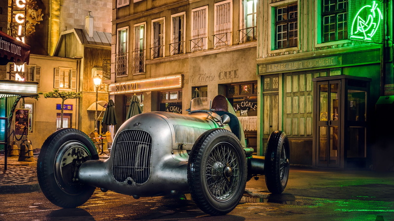 car, 1080P, night, Mercedes Benz, building, artwork, neon, old car, street, classic car, digital art, painting, Roadster