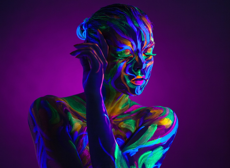 purple background, women, body paint, bare shoulders, closed eyes, 2K, colorful, face, neon