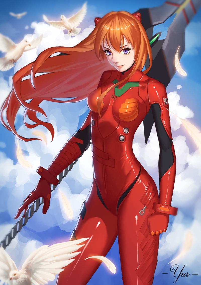 anime, blue eyes, illustration, painting, Neon Genesis Evangelion, smiling, 2D, Asuka Langley Soryu, sky, plugsuit, anime girls, looking at viewer, digital art