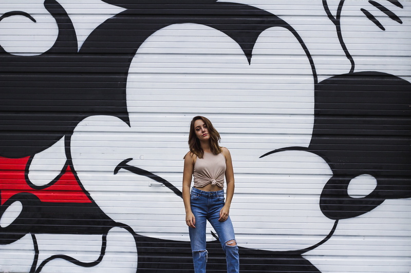 casual clothing, lady, jeans, female, portrait, one person, front, denim, richmond, 8K, wall, built structure, hair, black, city, daytime, model, printed