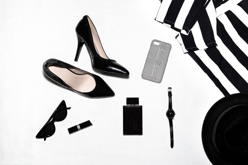 glasses, pomade, shine icon, flat lay, chic, belongings, indoors, directly above, high heels, large group of objects, hat woman, white background, compatibility