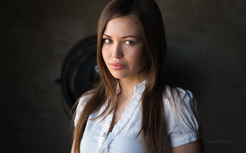 women, green eyes, Max Zayneev, long hair, face, white clothing, portrait, 720P, 500px, brunette