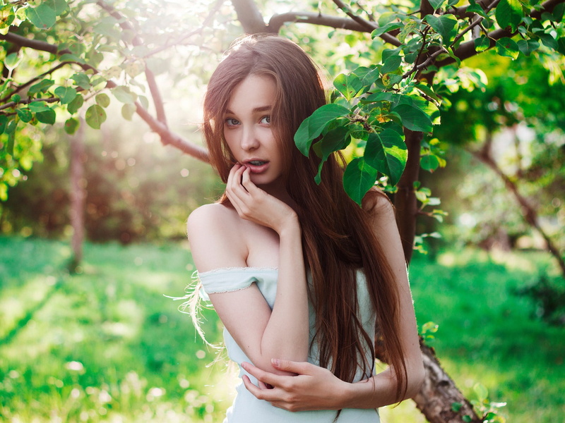 beautiful woman, Christina Vostruhina, long hair, women, one person, nature, hair, portrait, brown hair, leisure activity, young adult, waist up, tree