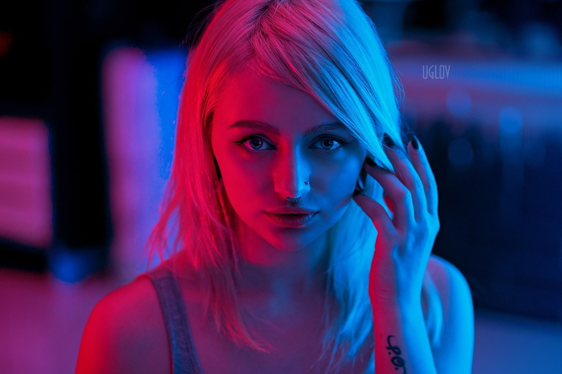 tattoo, nose rings, women, 1080P, portrait, piercing, face, Liuba Meniaeva, depth of field, painted nails, neon, pierced nose