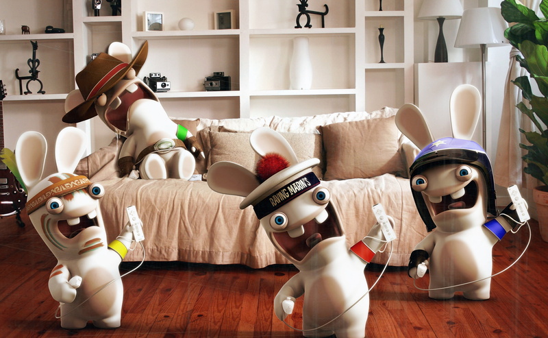 wii, character, 3d, still life, four, home interior, wood - material, rayman raving rabbids, indoors, human representation, male likeness, playing, wood