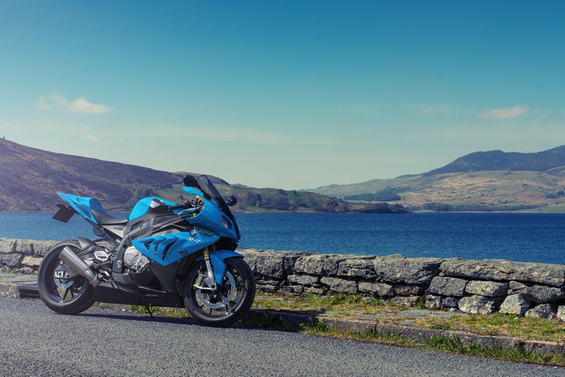 road, mode of transportation, BMW S1000, day, nature, transportation, 1080P, Motorcycle, beauty in nature, land vehicle, sky, Lake, blue, travel, stationary