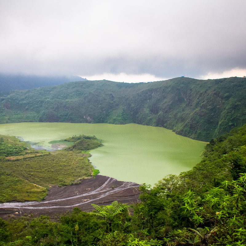 tranquil scene, travel, asia, nature, cloud - sky, volcanic crater, water, trip, land, high angle view, green, forest, tree, sky, green color, indonesia