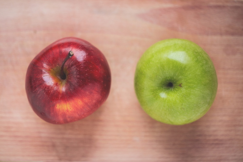 wood, high angle view, apple, still life, two objects, fruit, no people, indoors, row, table, shine, wellbeing, red, apples, apple - fruit, directly above