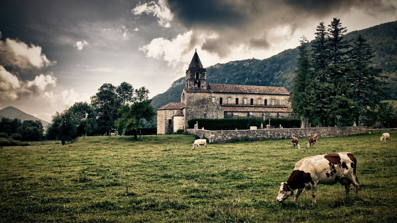 grass, building exterior, cloud - Sky, rustic, cattle, 1080P, group of animals, old-fashioned, no People, domestic, outdoors, agriculture, nature, architecture